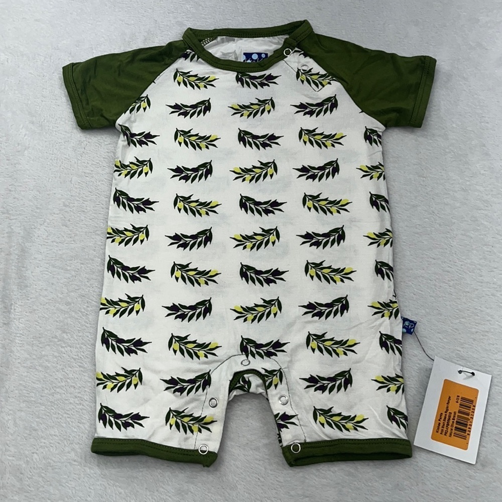 NWT Kickee Pants SS Raglan Romper Natural Olive Branch 3-6, 6-12, 12-18 Months‎